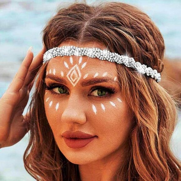 Braided Rhinestones Elastic Headband Jewelry Silver Crystal Hairbands Sparkle He - Picture 1 of 9
